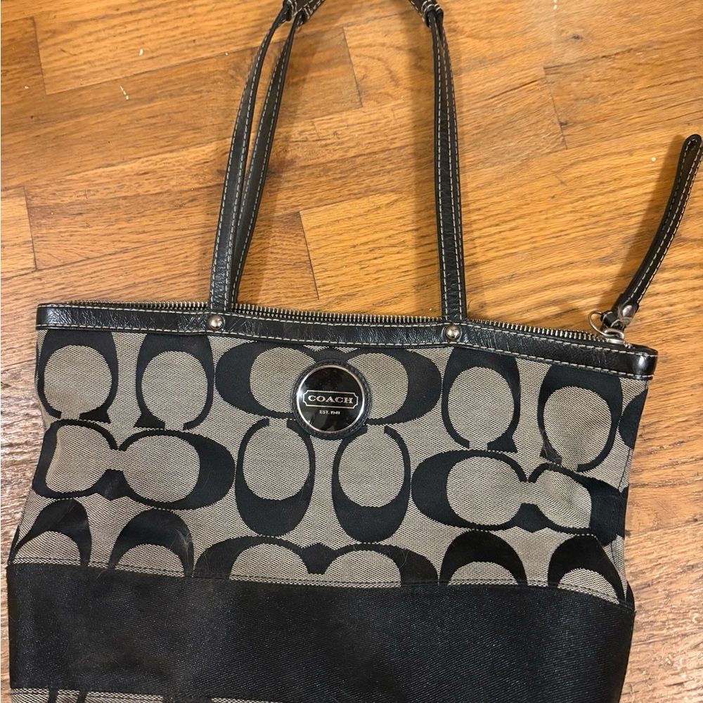 Coach Black and Tan Signature Canvas Tote